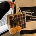 Plaid canvas lunch bag in brown and blue with a plush cherry pendant and woven strap - Zipper Style (With Cherry Charm) / Brown