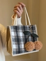 Retro plaid lunch tote bag with rope handles and cherry charm in brown and white - Zipper Style (With Cherry Charm) / Gray