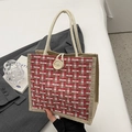 Borsa bento in lino con tweed rosso e marrone, manici in corda e bottone in legno - Stile Bottone Rosa (Senza Ciondolo)