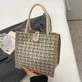 Borsa tote in lino a scacchi grigi e bianchi con bottone grande e manici in corda - Stile Bottone Bianco Sporco (Senza Ciondolo)