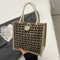 Borsa tote retrò in lino con bottone in legno e manici in corda marrone e nero - Stile Bottone Nero (Senza Ciondolo)