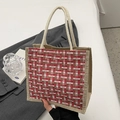 Borsa in lino con motivo a quadri in tweed rosso e beige e manico in corda di cotone - Stile Cerniera Rosa (Senza Ciondolo)