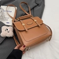 Retro tan faux leather convertible backpack with white stitching and plush charm - Brown With Pink Chain Cloud Charm