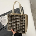 Mini plaid woven tote bag with tricolor pattern and dual braided handles for daily use - Black Zipper Style (No Pendant)