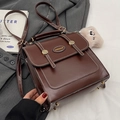Vintage brown PU leather backpack with white stitching and cute bear charm pendant - Coffee With Pink Chain Cloud Charm