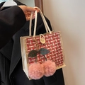 Women's tweed handbag in red and white with canvas sides and a plush cherry charm - Pink Button Style With Pink Cherry