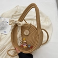 Brown round straw woven bag with white lace bow and floral charm, natural style - Khaki (With Silk Scarf)