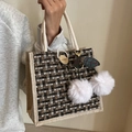 Retro tweed tote bag with neutral jute trim and decorative white cherry pompom charm - Black Button Style With White Cherry