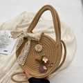 Round woven straw handbag with white lace bow and colorful floral embroidery details - Khaki And Red (With Silk Scarf)