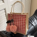 Linen tote bag with red gingham weave, braided handles, and pink cherry pompom charm - Pink Zipper Style With Pink Cherry
