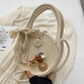 Chic beige woven straw handbag with lace bow and colorful 3D floral accents - White And Khaki (With Silk Scarf)
