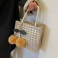Borsa bento in lino con trama intrecciata e ciondolo a forma di ciliegia in peluche - Stile Cerniera Bianco Beige Con Ciondolo Ciliegia Cachi