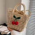Handmade straw beach bag with cherry design and drawstring lining for women - Off-white Cherry