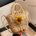Handwoven straw beach bag in beige with yellow sunflower and drawstring closure - Off-white Sunflower