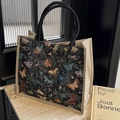 Large capacity tote bag with butterfly jacquard pattern and black woven handles - Black