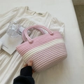 Handgefertigte gewebte Baumwolltasche in Rosa-Weiß-Patchwork-Streifen mit Rundgriffen - Rosa Ohne Anhänger