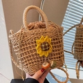 Handmade woven straw beach bag in natural tan with yellow sunflower and drawstring closure - Khaki Sunflower