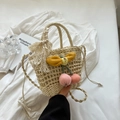 Borsa in paglia intrecciata a mano bianco crema con ciliegie rosa e fiocco giallo - Beige Foglia Gialla