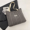 Grande borsa tote grigia in velluto a coste con strisce e manici beige per l'ufficio - Grigio