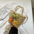 Borsa in paglia beige fatta a mano con girasoli e fiocco verde per vacanze estive - Beige Green Leaf