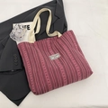 Grande borsa tote in velluto a coste rosa scuro con strisce nere e manici bianchi chic - Rosa