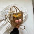 Handwoven straw bag with lace bow and cherry charms for a summer vacation look - Khaki Yellow Leaf