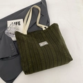Borsa tote in velluto a coste verde scuro con tracolle bianco crema per il pendolarismo - Verde