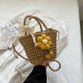 Handwoven summer straw bag with yellow sunflower charm and white lace bow detail - Khaki Yellow Floral