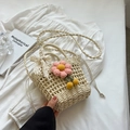 Beige hollow-out straw handbag with pink crochet flowers and a white lace bow detail - Khaki Pink Flower