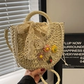 Handmade beige straw crossbody bag with crochet flowers and lace bow detail - Cream White Flowers + Scarf