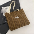 Brown corduroy large capacity tote bag with minimalist white woven handle for women - Coffee