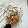 Handwoven straw tote bag in khaki with white lace bow and colorful 3D fabric flowers - Khaki Green Leaf