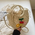 Handmade beige woven crossbody bag with cherry decor and floral lace bow details - Cream White Cherry + Scarf