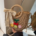 Handmade woven basket bag in natural straw with crochet flowers and lace bow tie - Khaki Cherry + Scarf