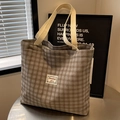 Vintage checkered tote bag with brown grid pattern and durable wide straps for women - Gray