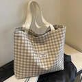 Retro plaid corduroy tote bag in beige with minimalist letter patch for students - Off White