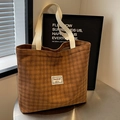 Brown corduroy tote bag with off-white handles and a woven label for college students - Brown