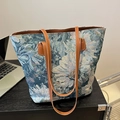 Large floral canvas tote bag with brown faux leather handles and jacquard flower pattern - Blue