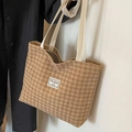 Brown checkered corduroy tote bag with dual cream handles and rectangular patch - Khaki