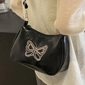 Bolso baguette negro chic con bordado de mariposa rosa y cuero PU plisado brillante - Negro