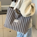Large capacity canvas tote bag with brown and white vertical stripes for daily commute - Gray