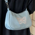 Hellblaue Baguette-Tasche aus Kunstleder mit rosa gestickten Schmetterlingsmustern - Blau