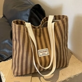 Brown striped corduroy tote bag with large capacity and off-white woven handles - Khaki