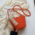 Handwoven bright orange bucket bag with a lace bow and pearl button closure - Orange With Ribbon Scarf