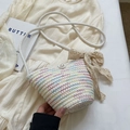 Handwoven straw bucket bag with colorful wavy embroidery and large pearl closure detail - Multicolor With Ribbon Scarf