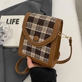 Vintage brown plaid crossbody phone bag with leather flap and adjustable strap - Brown