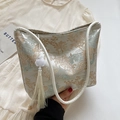 Beige bucket bag with green mountain embroidery and traditional tassel pendant - Blue With Tassel Pendant