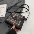 British style plaid crossbody bag in grey and coffee tones with black leather trim - Black