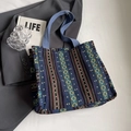 Ethnic style woven tote bag in navy blue with geometric rhombus patterns and canvas handles - Large / Blue