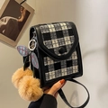 Mini crossbody phone bag featuring black and white tweed fabric with a leather flap - Black With Khaki Cherry Charm